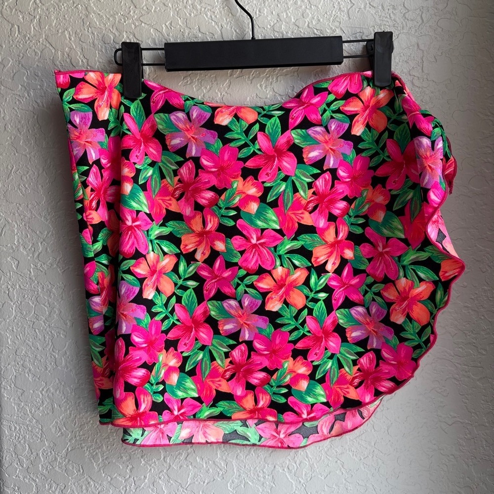 Women Vintage 90s Y2K Floral Sarong Wrap Skirt Pink Tropical Hibiscus Beach Neon